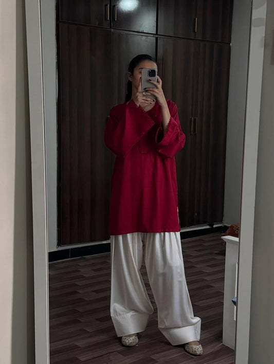 MEHROON / WHITE SET ( FARSHI SHALWAR )